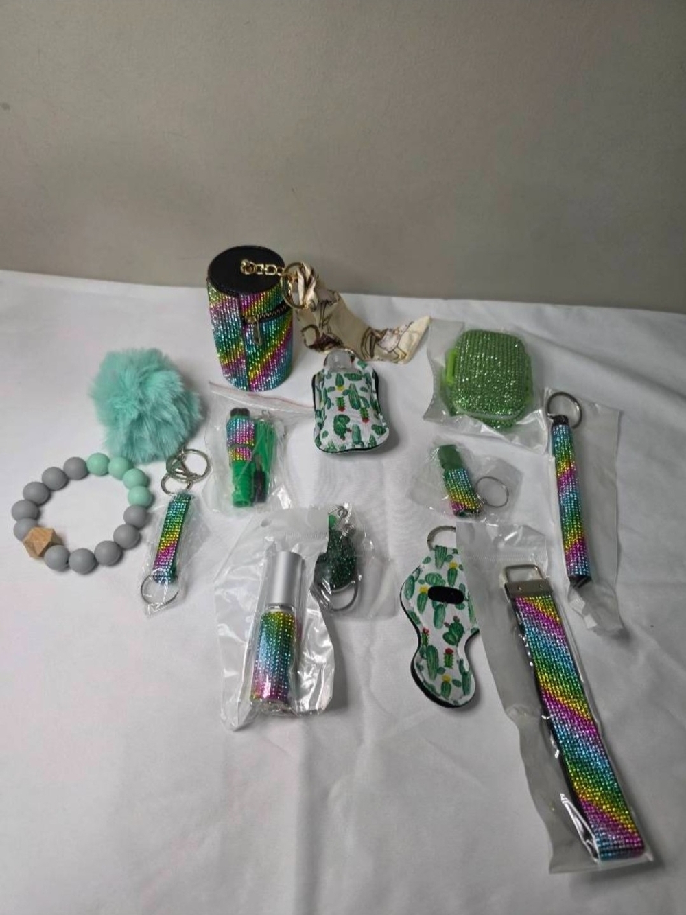 Kids Multicolor Rainbow Beaded Keychain and Accessories Set - Green Accent